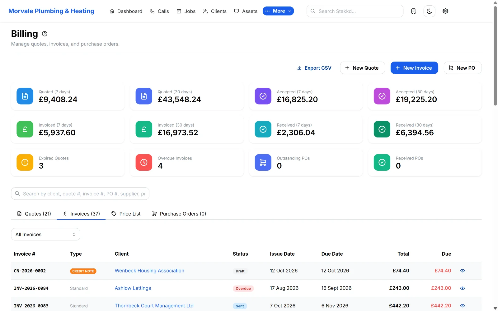 Invoices in Stakkd, showing paid, sent and overdue